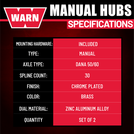 WARN 38826 Premium Manual Locking Hubs for Dana 50 & 60 Series Axles – 30-Spline, Internal Mount, Chrome Finish – Heavy-Duty All-Metal Construction – Set of 2