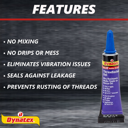 Dynatex Blue Medium Strength Gel Threadlocker 0.20 oz Bottle - Removable with Hand Tools, Locks Fasteners on Metal, Vibration Resistant, Solvent Resistant (2-Pack)