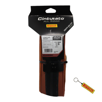 Pirelli Cinturato All Road Classic 35-622 (700x35c) Gravel Bike Tire - Tan Wall Skinwall, Tubeless Ready, ProWALL Gravel Casing, ProCompound - Includes Keychain