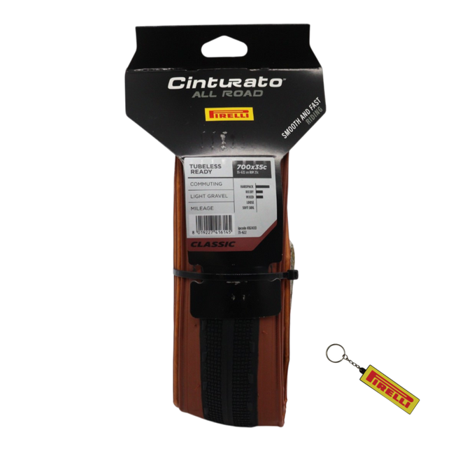 Pirelli Cinturato All Road Classic 35-622 (700x35c) Gravel Bike Tire - Tan Wall Skinwall, Tubeless Ready, ProWALL Gravel Casing, ProCompound - Includes Keychain