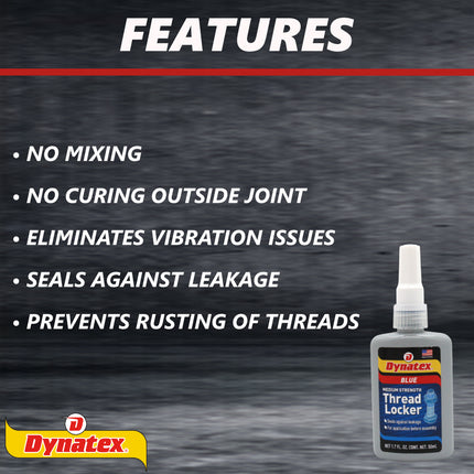 Dynatex Blue Medium Strength Threadlocker 1.69 oz Bottle - Removable with Hand Tools, Locks Fasteners on Metal, Vibration Resistant, Solvent Resistant (2-Pack)