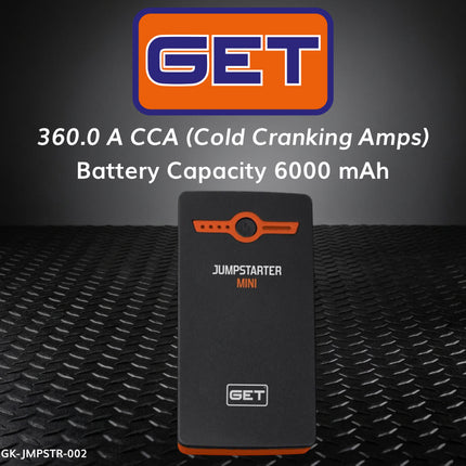 GET GK-JMPSTR-0002 Mini Jump Starter 6000mAh - Portable Jump Starter Power Bank with LED Light - 360 Peak Amps for Motorcycles, Scooters, ATVs, UTVs, Personal watercraft, and Gas Engines Up To 2000cc