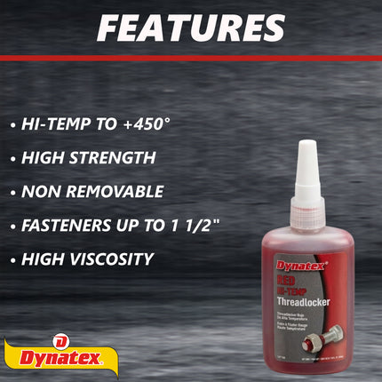 Dynatex Red Hi-Temp Threadlocker 1.22 oz Bottle - Up to 450 Degrees F, Medium-High Strength, Anaerobic, Extreme Heat & Chemical Resistant (3-Pack)