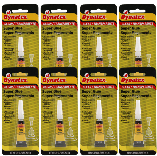 Dynatex .10 oz Super Glue Instant Adhesive - Bonds Glass Metal Plastic Rubber, 5000 PSI Strength, Clear Bond, Up to 175 Degrees F, Stronger Than Standard (8-Pack)