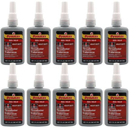 Dynatex Red High Strength Threadlocker 1.70 oz Bottle - Permanent Lock, Anaerobic, Large Fasteners, Vibration & Solvent Resistant (10-Pack)