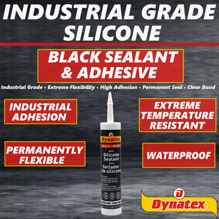 Dynatex Industrial Grade Black Silicone Sealant 10.1 oz Caulk Tube - Tough Flexible Cure, Watertight Seal, Up to 500 Degrees F, Made in the USA (12-Pack)