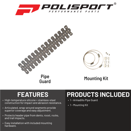 Polisport 8469200005 Armadillo Pipe Guard – Fits 2T/4T Exhaust Headers – Flexible, Heat‑Resistant Exhaust Protection for Off‑Road Motorcycles – Grey
