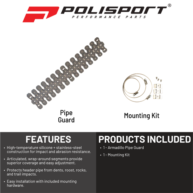 Polisport 8469200005 Armadillo Pipe Guard – Fits 2T/4T Exhaust Headers – Flexible, Heat‑Resistant Exhaust Protection for Off‑Road Motorcycles – Grey