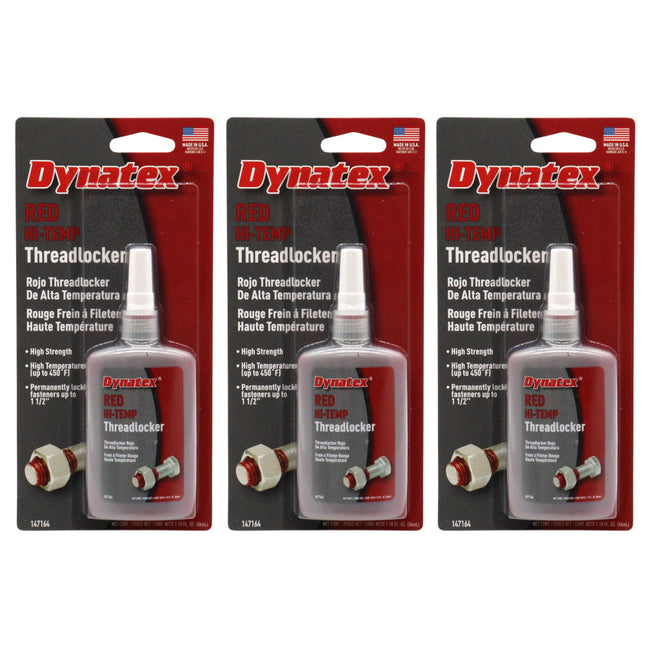 Dynatex Red Hi-Temp Threadlocker 1.22 oz Bottle - Up to 450 Degrees F, Medium-High Strength, Anaerobic, Extreme Heat & Chemical Resistant (3-Pack)