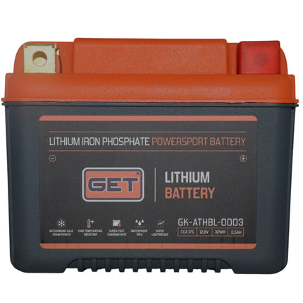 GET High Performance Lithium Motorcycle Battery, 12.8V 2.5Ah, 175 A CCA, Lightweight Powersports Battery for Dirt Bikes, Enduro & Motocross, IP54 Water Resistant (GK-ATHBL-0003)