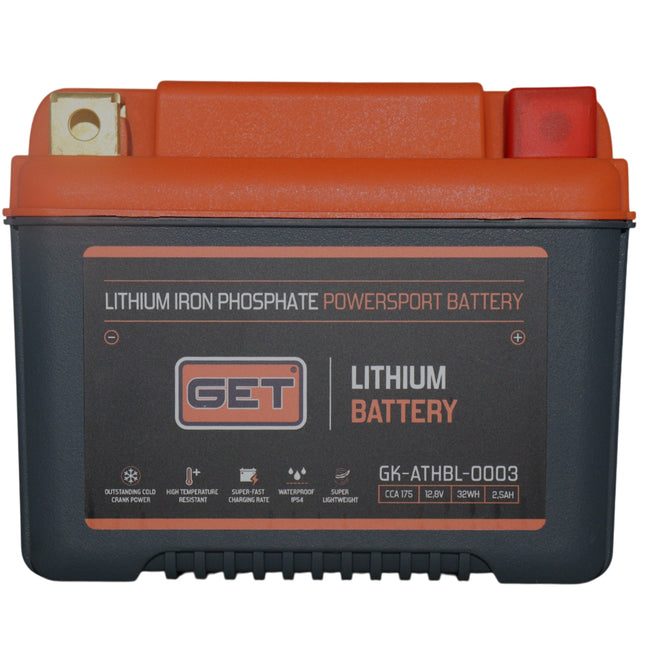 GET High Performance Lithium Motorcycle Battery, 12.8V 2.5Ah, 175 A CCA, Lightweight Powersports Battery for Dirt Bikes, Enduro & Motocross, IP54 Water Resistant (GK-ATHBL-0003)