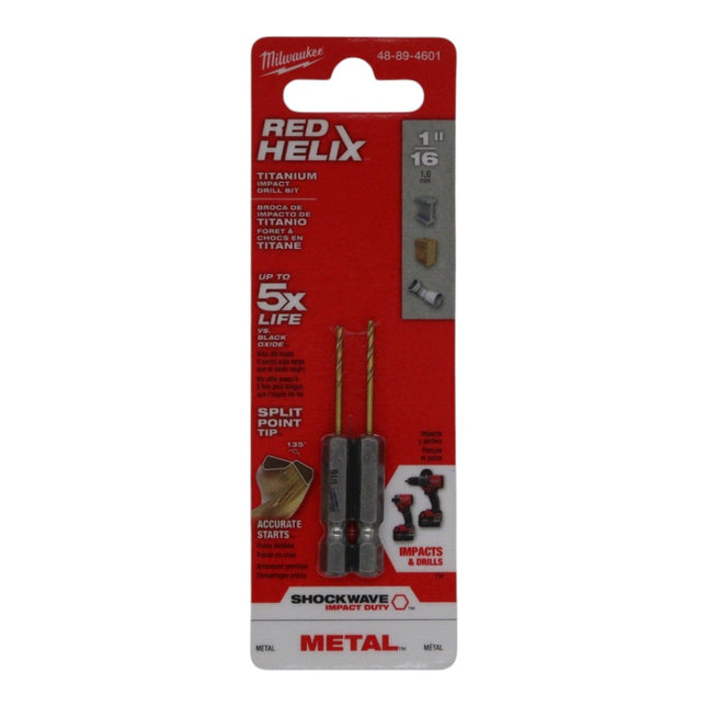 Milwaukee 48-89-4601 SHOCKWAVE 1/16 in. Titanium Twist Drill Bit, 2-Pack, Titanium Coating, Red Helix Design for Impacts and Drills, Rapid Chip Removal to Limit Heat Buildup