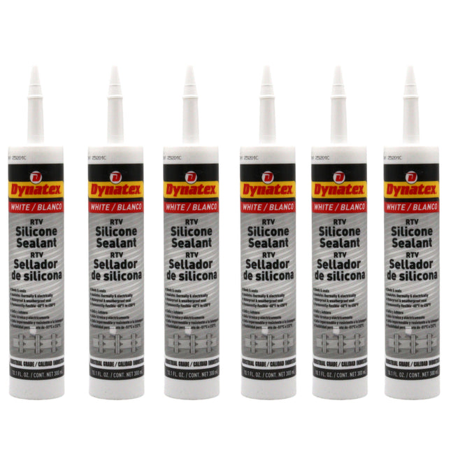 Dynatex Industrial Grade White Silicone Sealant 10.1 oz Caulk Tube - Tough Flexible Cure, Watertight Seal, Up to 500°F, Made in the USA (6-Pack)