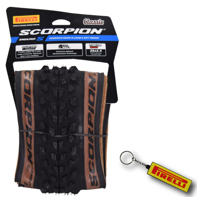 Pirelli Scorpion Enduro S Classic Tan 60-622 (29x 2.4) MTB Bicycle Tire  - Designed for Demanding Natural, Hardpacked, & Loose Courses, 60TPI and ProWall Casing- Mountain Bike Tire w/Keychain