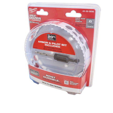 Milwaukee 6-Inch Hole Dozer Bi-Metal Hole Saw with Arbor – Reinforced Backing Plate & Plug Jack Ejection Slots – Ideal for Wood, Metal, PVC, Drywall & Plastic Cutting Applications