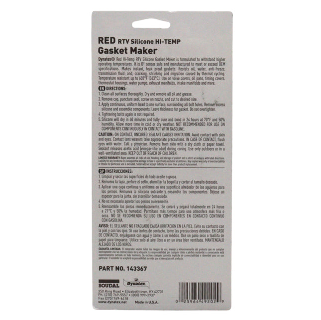 Dynatex Red Hi-Temp RTV Silicone Gasket Maker 3 oz Tube - Oxygen Sensor Safe, OEM Specs, 650 Degrees F Hi-Temp, Oil/Water Resistant, Made in the USA (12-Pack)