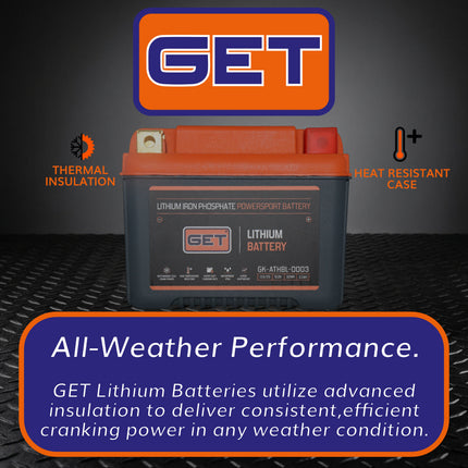 GET High Performance Lithium Motorcycle Battery, 12.8V 2.5Ah, 175 A CCA, Lightweight Powersports Battery for Dirt Bikes, Enduro & Motocross, IP54 Water Resistant (GK-ATHBL-0003)
