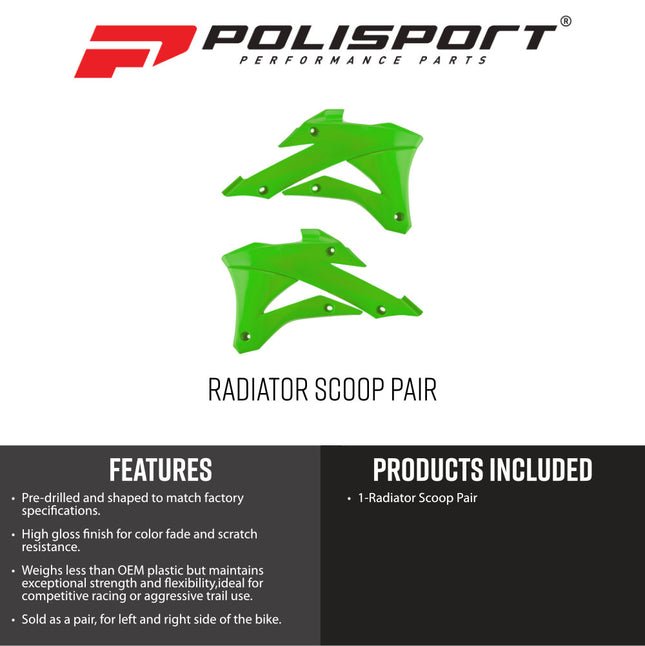 Polisport Motocross (MX) Radiator Scoops for Kawasaki KX85 (2022->) - Dirt Bike - OEM Quality, Durable Gloss Polypropylene (DGP), Flexible & Perfect Fit - Green