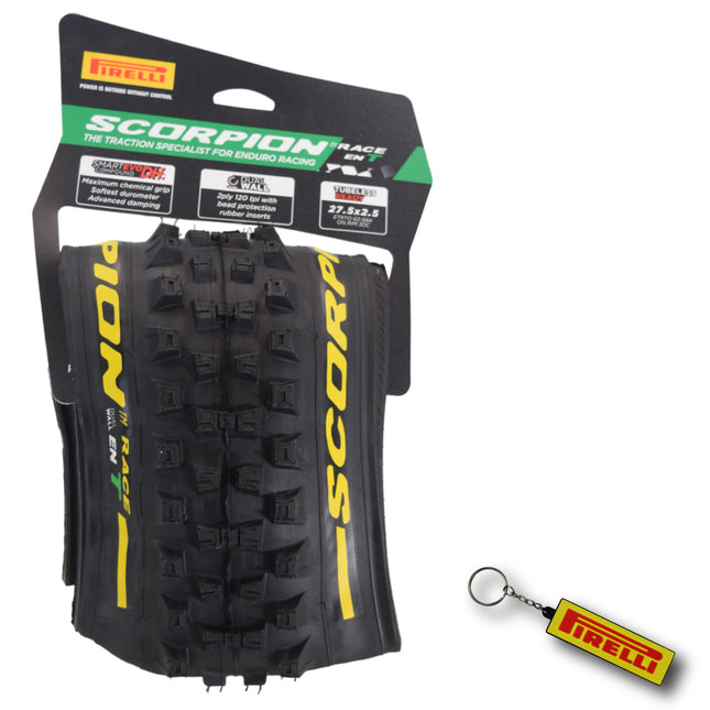 Pirelli Scorpion Race Enduro T Yellow Label 63-584 (27.5x 2.5) MTB Bicycle Tire  - Designed for Traction and Mixed Terrains, 120x2TPI - Mountain Bike Tire w/Keychain