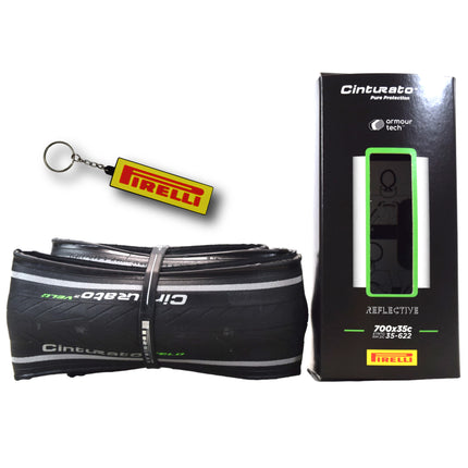 Pirelli Cinturato Velo TLR Reflective 35-622 (700 x 35c) Road Bicycle Tire - Great for Long-Distances and Various Terrains - Armour Tech, Clincher Type, Tubeless Ready Bike Tire with Keychain 700x35c