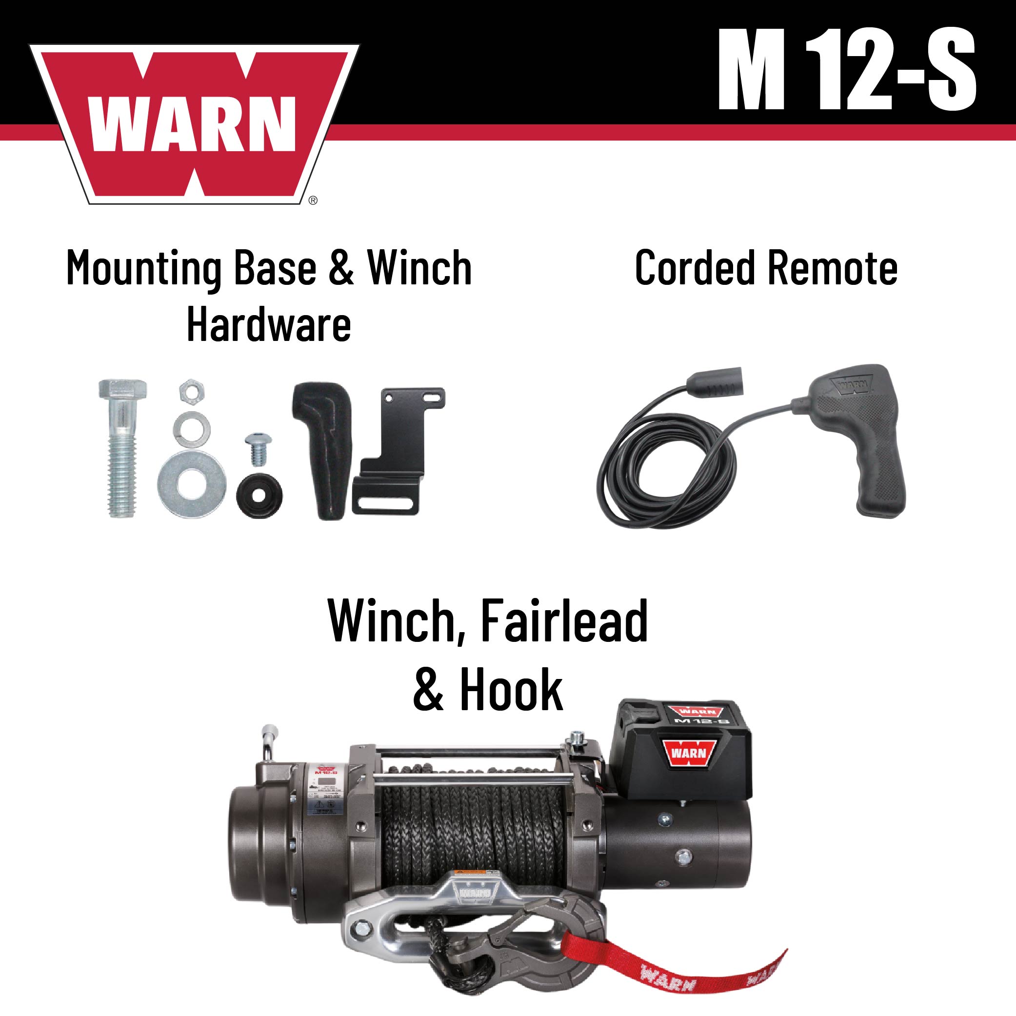 WARN 97720 M12-S Electric 12V Heavyweight Winch with Spydura Synthetic Cable Rope: 3/8" Diameter x 100' Length, 6 Ton (12,000 lb) Pulling Capacity