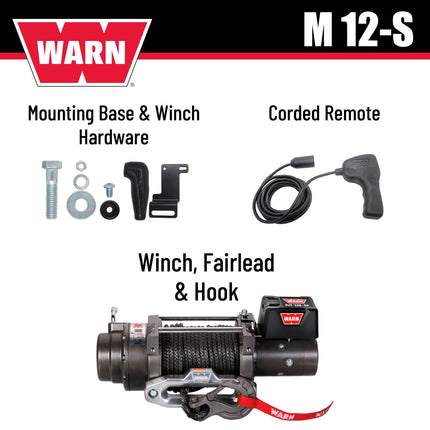 WARN 97720 M12-S Electric 12V Heavyweight Winch with Spydura Synthetic Cable Rope: 3/8" Diameter x 100' Length, 6 Ton (12,000 lb) Pulling Capacity
