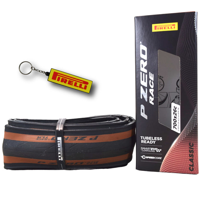 Pirelli P ZERO Race TLR Classic 26-622 (700x26c) Road Bike Tire - Tubeless Ready, Lightweight, High-Performance Bicycle Tire for Road Racing & Training – Tan Sidewall, SmartEVO Compound w/Keychain