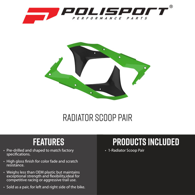 Polisport 8412300001 Radiator Scoops for Kawasaki KX250F 2017‑2020 – OEM‑Style Durable Green/Black Shrouds for Improved Cooling and Protection