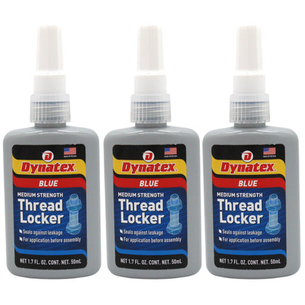 Dynatex Blue Medium Strength Threadlocker 1.69 oz Bottle - Removable with Hand Tools, Locks Fasteners on Metal, Vibration Resistant, Solvent Resistant (3-Pack)