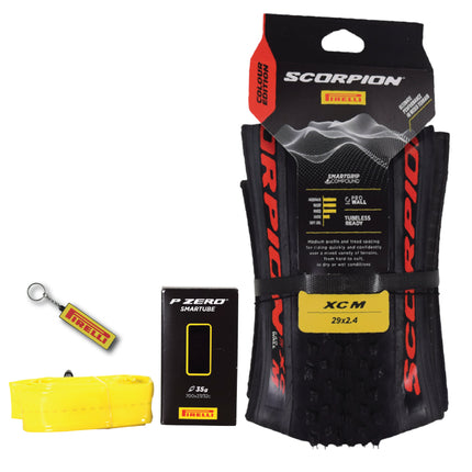 Pirelli Scorpion XC M Red Label 60-622 (29x 2.4) MTB Bicycle Tire & SmarTUBE 23/32-622 Set- Designed for Hardpacked Courses and Mixed Terrains, 120TPI - Mountain Bike Tire w/Keychain