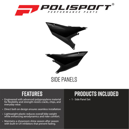 Polisport 8507200003 Motorcycles (MX) Side Panels for Yamaha YZ450F (23+) YZ250F (24+) Dirt Bikes - High-Impact Resistant DGP Technical Plastic with UV Protection, OEM-Style Precise Fit - Black