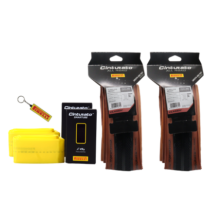 Pirelli Cinturato All Road Classic Gravel Bike Tire 40-622 (700x40c Tan-Wall, 2-Pack) Bundle with 2x Cinturato SmarTUBE 33/45-622 TPU Inner Tubes (60mm Presta Valve) and Premium Valve Core Keychain