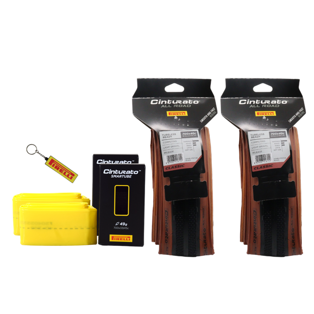 Pirelli Cinturato All Road Classic Gravel Bike Tire 40-622 (700x40c Tan-Wall, 2-Pack) Bundle with 2x Cinturato SmarTUBE 33/45-622 TPU Inner Tubes (60mm Presta Valve) and Premium Valve Core Keychain