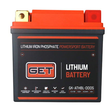 GET High Performance Lithium Motorcycle Battery, 12.8V 2Ah, 140 A CCA, Lightweight Powersports Battery for Dirt Bikes, Enduro & Motocross, IP54 Water Resistant (GK-ATHBL-0005)