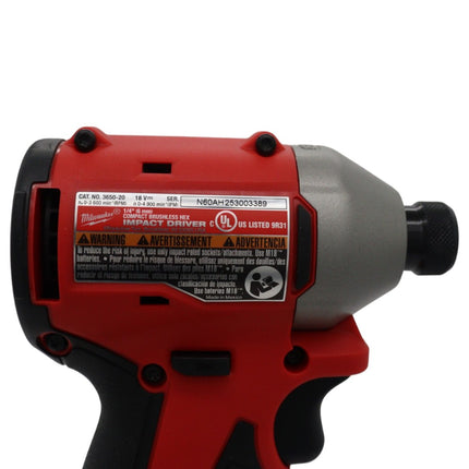 Milwaukee 3650-20 M18 Compact Cordless Brushless 1/4" Hex Impact Driver, 18V, 1,700 in-lbs Torque, 3,600 RPM, Variable Speed Trigger, All-Metal Gearcase, Bare Tool