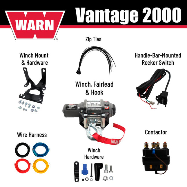 WARN Vantage 2000 Winch and Mount Kit(108212 100380) for Honda TRX Foreman, Rancher, & Rubicon Models (2014-2025) - Durable Black Powder Coated Steel Mount Compatible with ProVantage & Vantage Winches