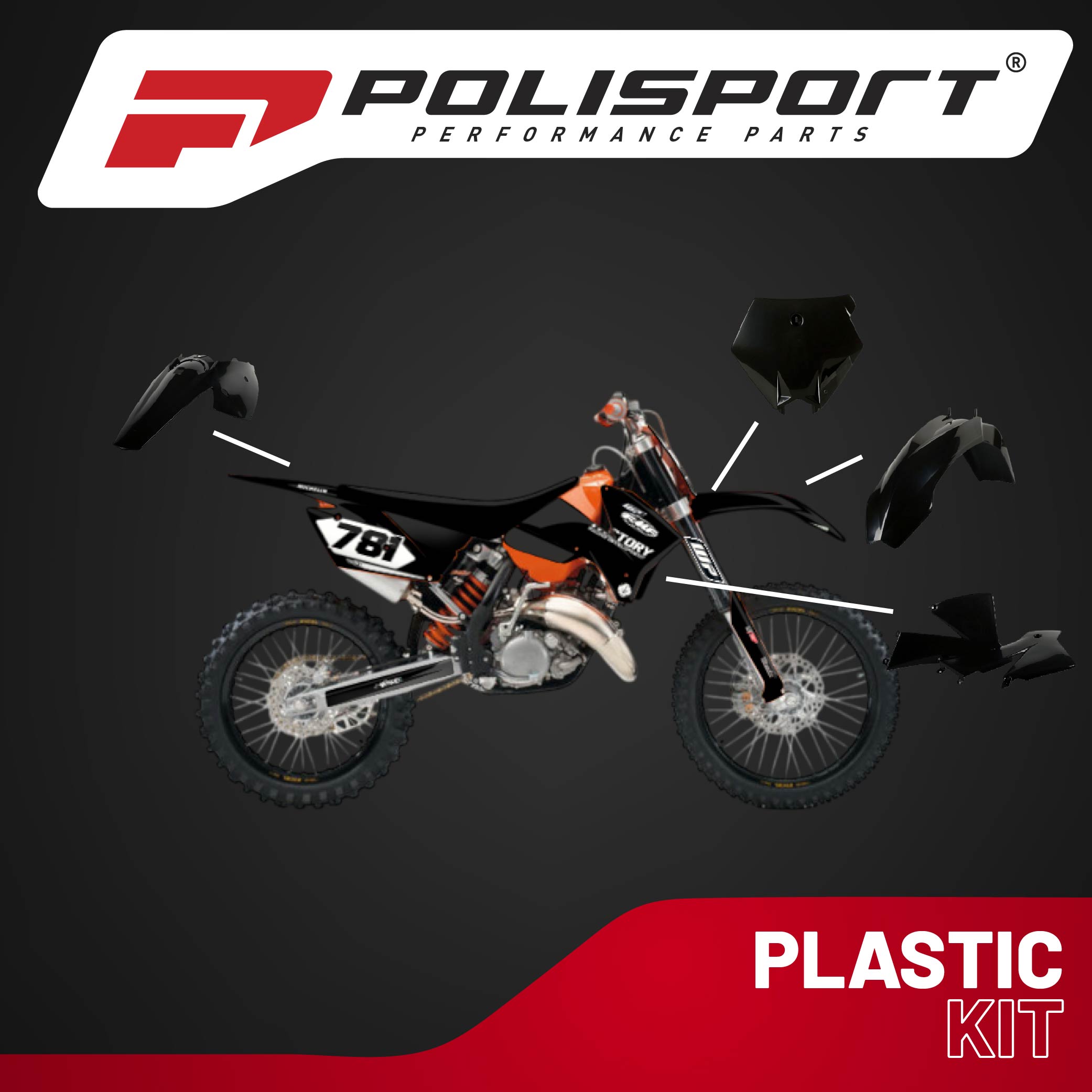 Polisport Motocross (MX) Replica Plastic Kit for KTM SX (2003-04) Dirt Bike – OEM Quality, Durable, Flexible & Perfect Fit – Black
