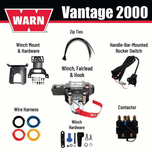 WARN Vantage 2000 Winch & Mount Kit(108212 92332)for 2014-2025 Polaris RZR XP 1000, RZR 900, General 1000 Models - Bolt-On Black Powder-Coated Steel Plate Compatible with Pro Vantage & Vantage Winches