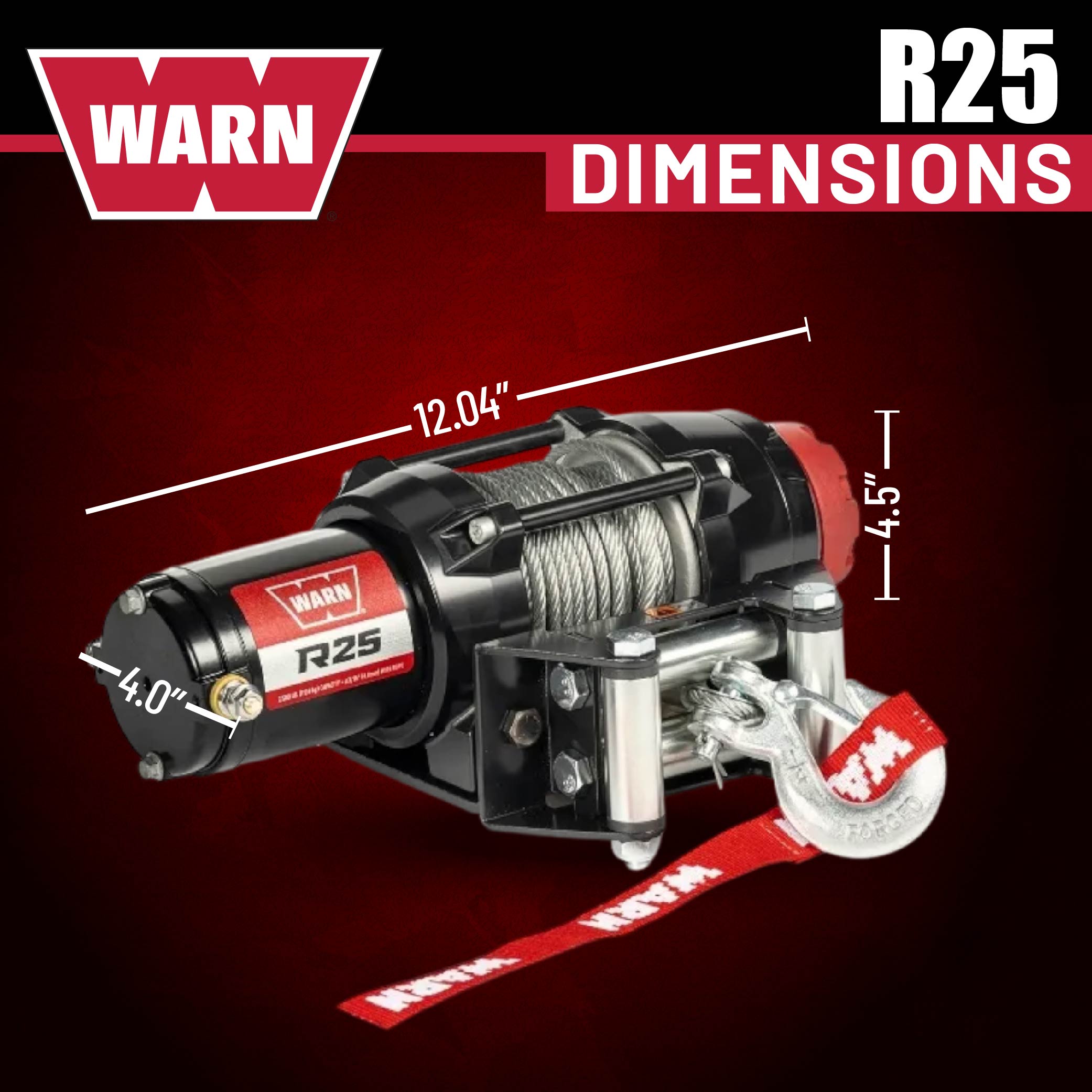 Warn R25 Wire Rope Winch – 2,500 lb Pulling Capacity, equipped with 50’ of 3/16” steel rope & remote-mounted rocker switch - Roller fairlead for ATV, UTV, Side by Side, and SXS Recovery & Towing