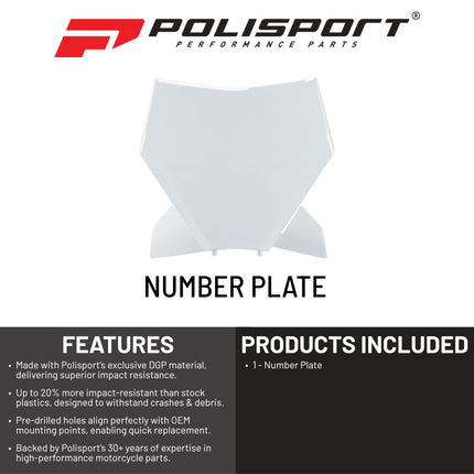 Polisport White Front Number Plate 8672000002 for KTM SX SX-F XC XC-F 125 250 350 450 2023-2026 | Lightweight High-Impact Motocross Dirt Bike Plastic Cowl Shield
