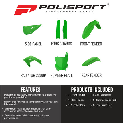 Polisport 91631 Restyling Kit – Fits Kawasaki KX 2003–2008 – 2024‑Style Bodywork with Green Fenders, Number Plate, Side Panels, Fork Protectors & White Radiator Scoops