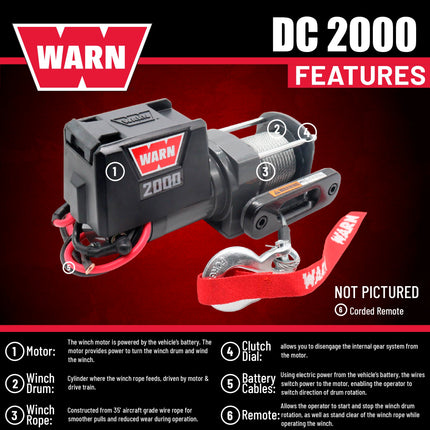 WARN 2000 DC 12V Electric Winch, 2000 lb Pulling Capacity | Steel Cable, Hook & Corded Remote | Portable, Compact Power for trailers, ATVs, Workshops, and General Utility Lifting & Pulling