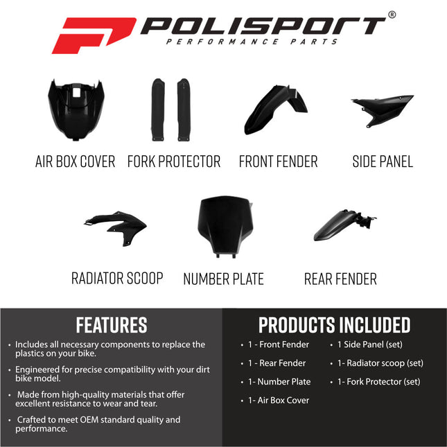 Polisport 91667 Full Plastic Kit for Yamaha YZ450F 2026+ – Black – Complete Replica Bodywork with Front & Rear Fenders, Radiator Scoops, Airbox Cover, Fork Guards, Number Plate & Side Panels