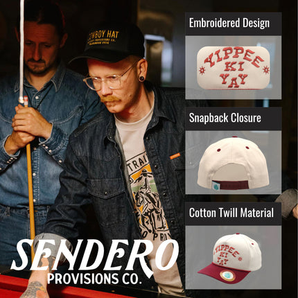 Sendero Provisions Co. Yippee Ki Yay Hat - Structured 5-Panel Snapback Rope Hat with Embroidered Design, Braided Rope Accent, Cotton Twill, Adjustable Fit, Western Style Outdoor Cap