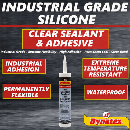 Dynatex Industrial Grade Clear Silicone Sealant 10.1 oz Caulk Tube - Tough Flexible Cure, Watertight Seal, Up to 500 Degrees F, Made in the USA (3-Pack)