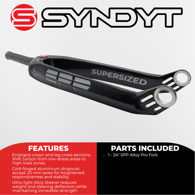 Syndyt SPP Supersized Ultra-High Modulus Carbon Fiber Pro Forks - Black Alloy (24 inch) - Fork Offset: 32 mm, 1‑1/8″ steerer tapering to 1.5″ - Alloy Steerer Extruded and CNC‑Machined