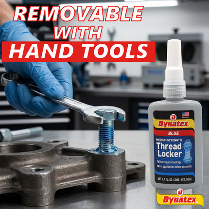 Dynatex Blue Medium Strength Threadlocker 1.69 oz Bottle - Removable with Hand Tools, Locks Fasteners on Metal, Vibration Resistant, Solvent Resistant (4-Pack)