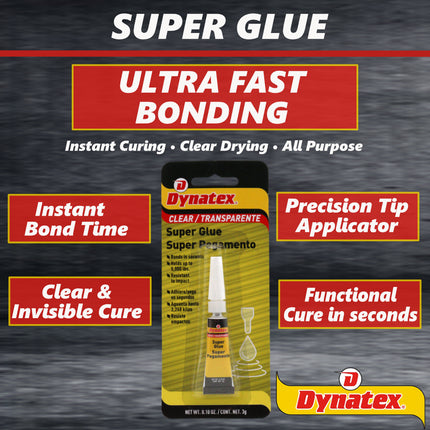 Dynatex .10 oz Super Glue Instant Adhesive - Bonds Glass Metal Plastic Rubber, 5000 PSI Strength, Clear Bond, Up to 175 Degrees F, Stronger Than Standard (8-Pack)