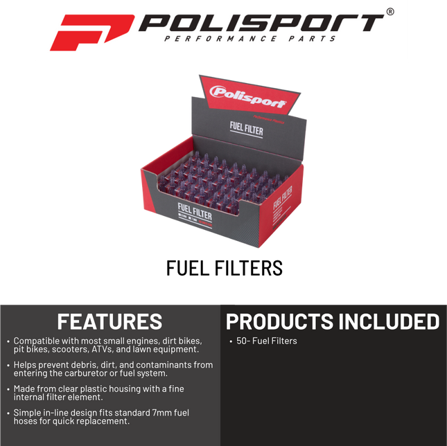 Polisport 84520 Fuel Filter 7mm – Box of 50 Pieces  Universal In‑Line Gas Filter for Small Engines, Dirt Bikes, ATVs, Scooters, and Motorcycles