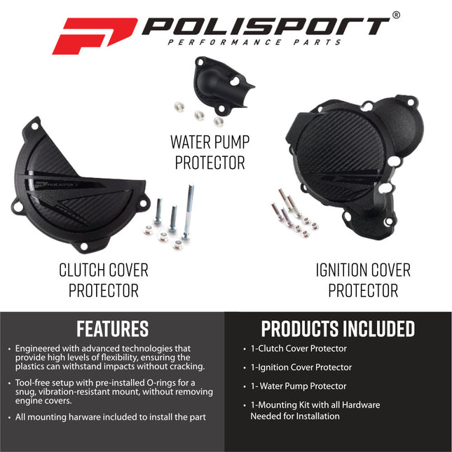 Polisport 91378 Clutch and Ignition Cover Protector Guard Kit for KTM SX/XC 250/300 & Husqvarna TC 250 2023-2026 - Durable Dirt Bike Engine Crankcase Shields - Black (Pair)
